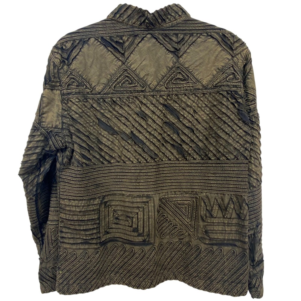 CHICOS Womens Button Front Jacket Sz M Brown Artsy Textured Cotton Distressed - Picture 8 of 10